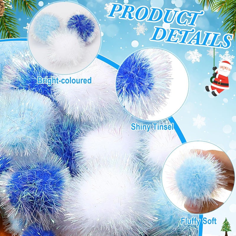 Knitgrip 150 Pcs Large Glitter Tinsel Pom Poms 2.5" 2" 1.4" 1" Christmas Pompom Balls Jumbo Glitter Balls for DIY Craft Making Christmas Decorations(Light Blue, Navy Blue, White) - Image 3